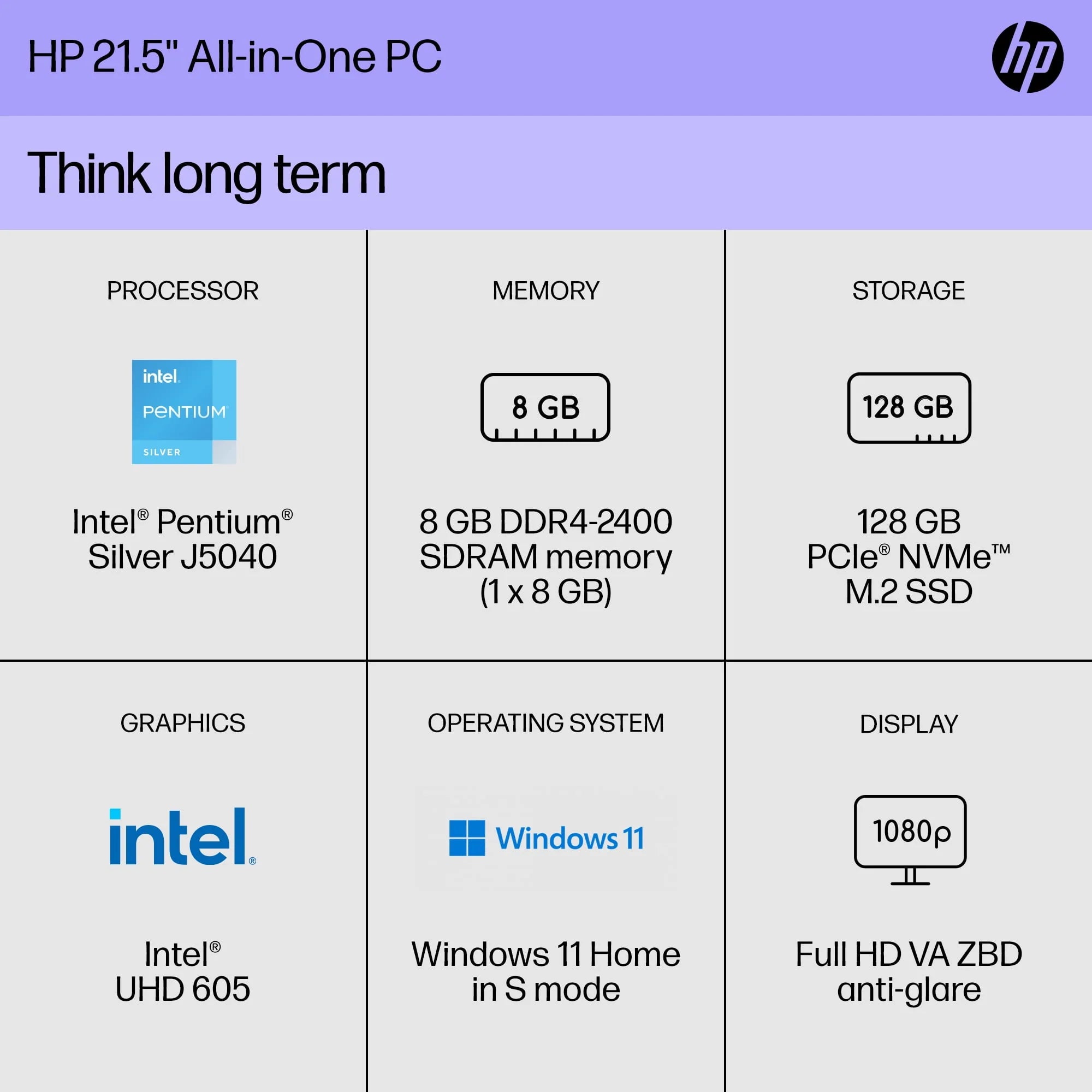 HP 21.5 All-in-One PC, Intel Pentium, 8GB RAM, 128GB SSD, Windows 11 Home, White O9382