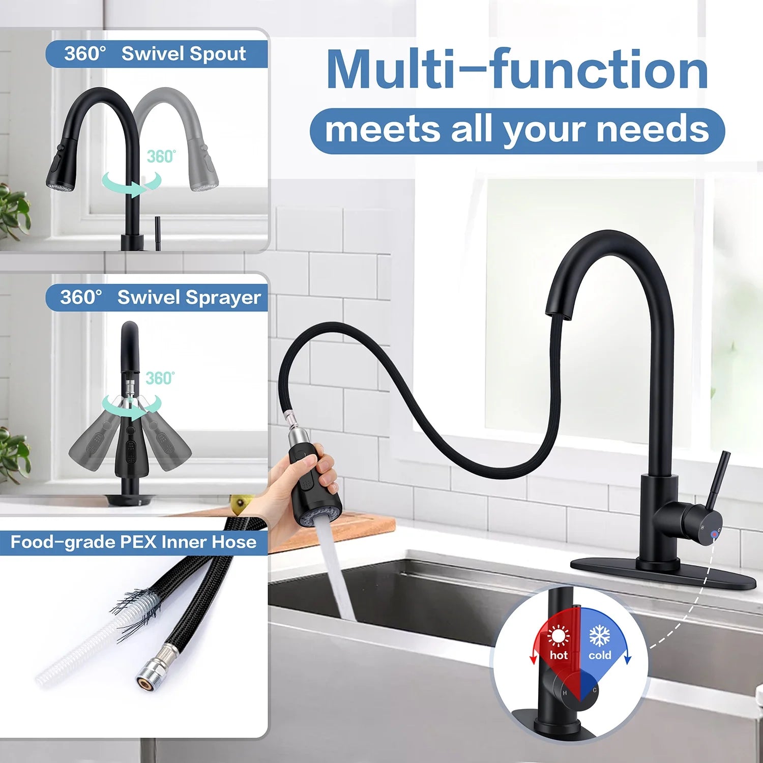 Vesteel Kitchen Sink Faucet with Pull Down Sprayer, Matte Black, Single Handle A936