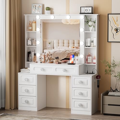 Farmhouse Makeup Vanity with Lighted Mirror & Charging Station, White E195