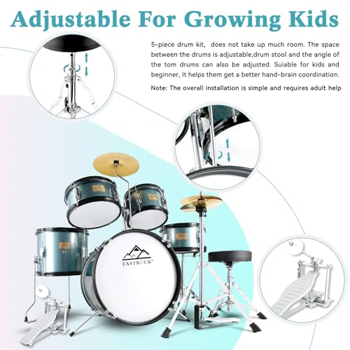 EASTROCK Kids Drum Set 5-Piece 16 Inches Junior Drum Kit with Throne, Cymbal, Pedal & Sticks U617814