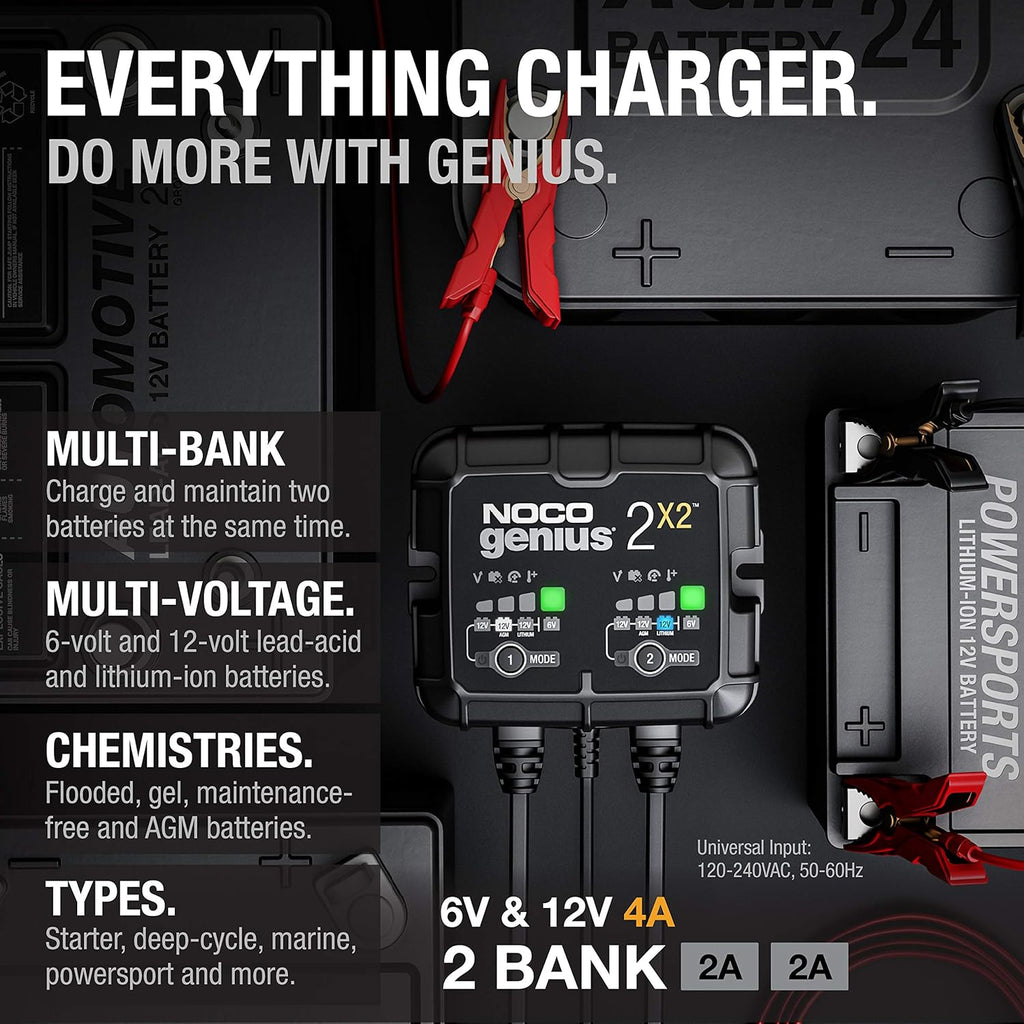 NOCO GENIUS2X2 2-Bank 4-Amp Smart Charger, 6V and 12V Battery Maintainer V34581