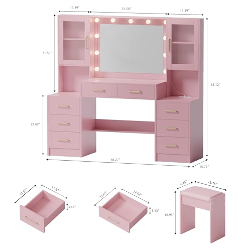 White Makeup Vanity Desk with Charging Station and Lights K58637