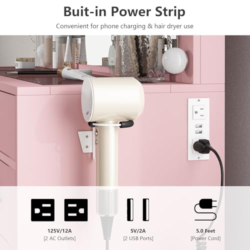 Vanity Desk with Power Outlet, LED Mirror, 11 Drawers and Chair, White H391193