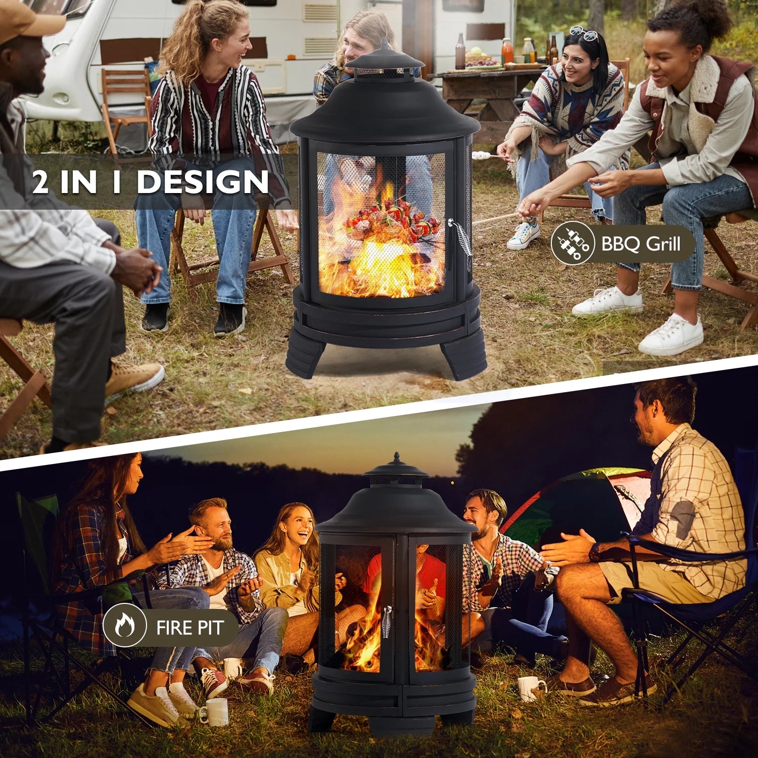 BaPiPro Fire Pit for Outside with Removable Grill, Black Pagoda Y790
