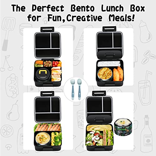Bento Lunch Box for Kids with 5 Compartments and Thermos, Blue Dinosaur G749