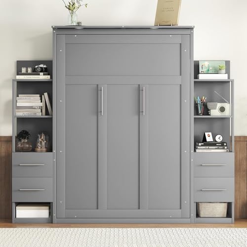 MERITLINE Queen Murphy Bed with Storage Drawers, LED Lights and Shelves, Grey P714