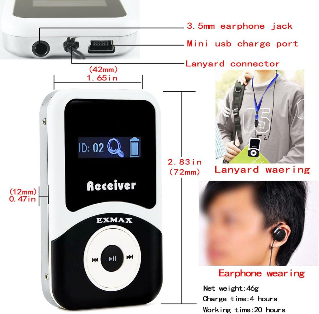 EXMAX EX-100 Wireless Tour Guide System for Church Translation, Teaching, and Conference (1 Transmitter, 10 Receivers) C256540