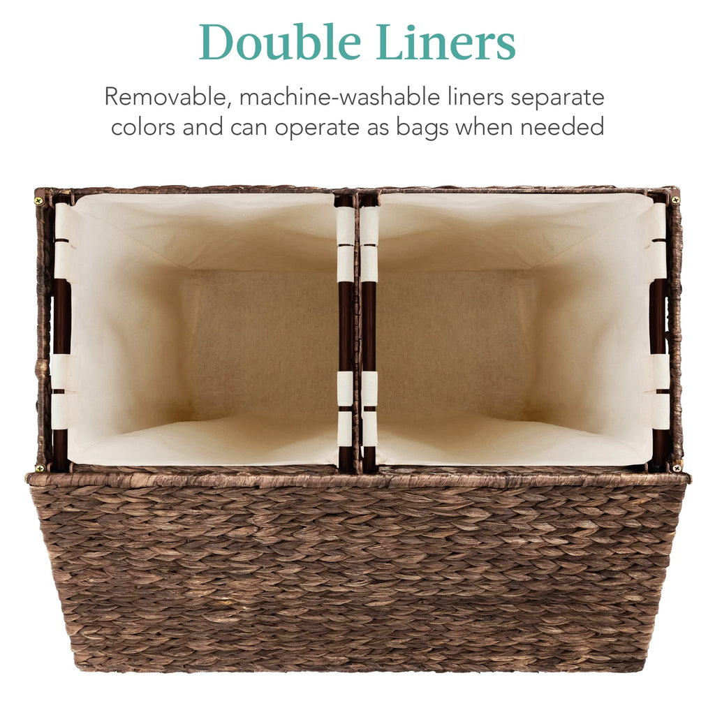 Large Natural Water Hyacinth Double Laundry Hamper Basket with 2 Liner Bags, Espresso H159