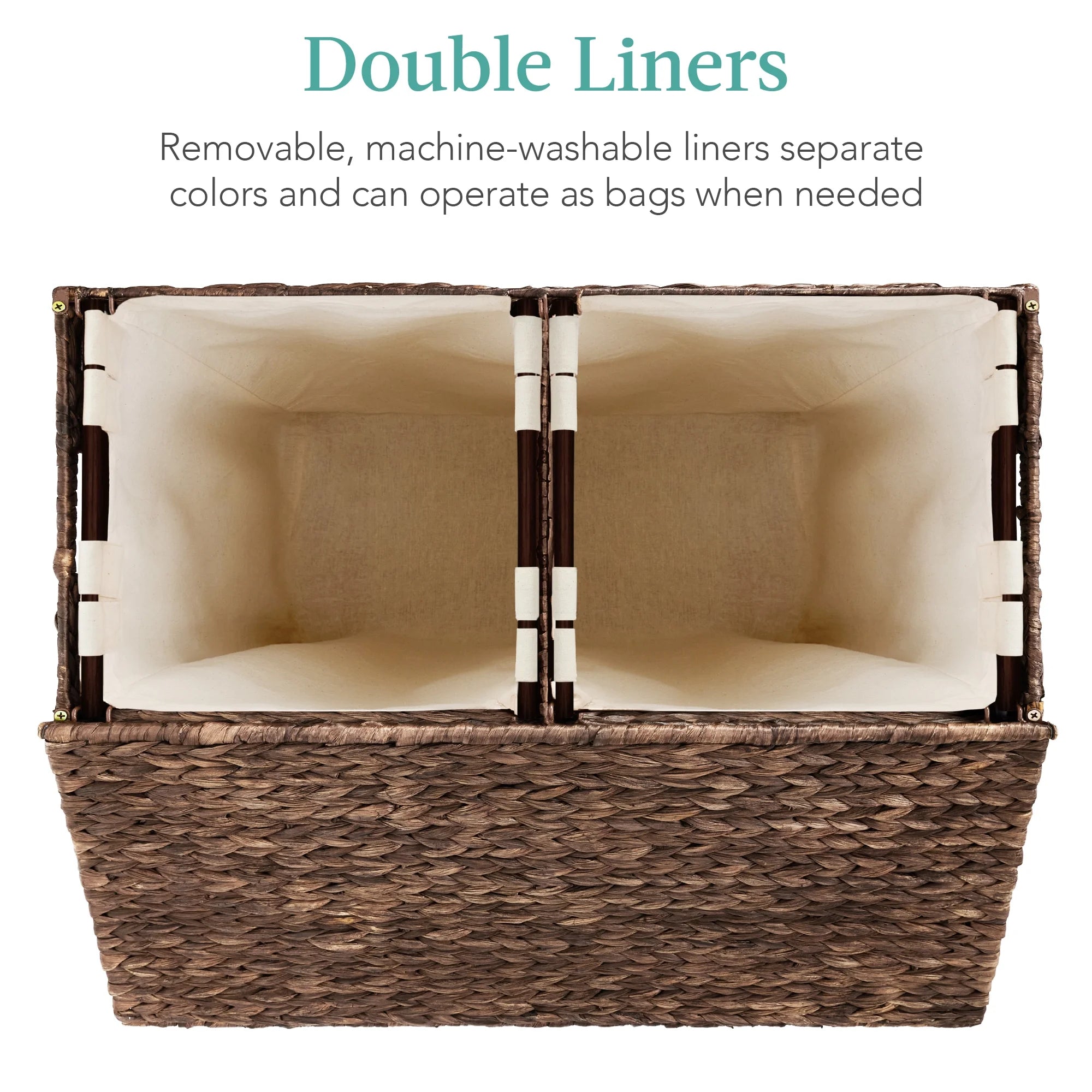 Large Natural Water Hyacinth Double Laundry Hamper Basket with 2 Liner Bags, Espresso H159