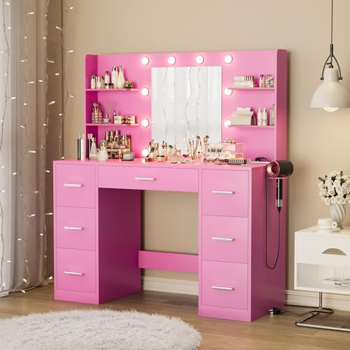 Furmax Vanity Desk with Mirror, LED Lights and Power Outlet, White O83814