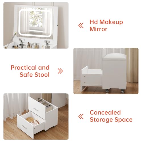 Compact Vanity with 3 Drawers, Makeup Desk with Lighted Mirror and Stool, White P76418