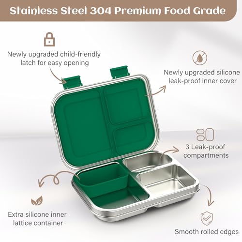 Stainless Steel Bento Box for Kids, 3 Compartments, Leak Proof, Dishwasher Safe, Pink A5921