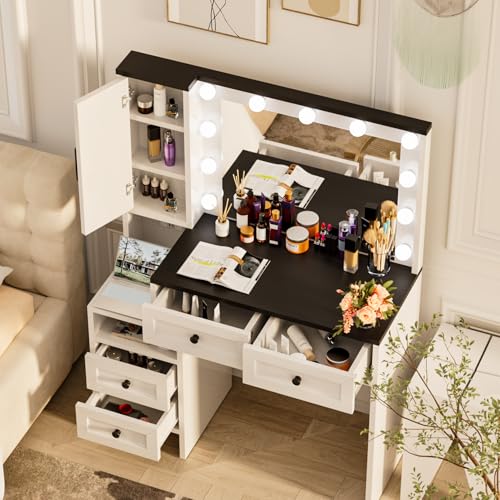 Likein Vanity Desk with Mirror and Lights, White Makeup Dressing Table with 11 Drawers G1478