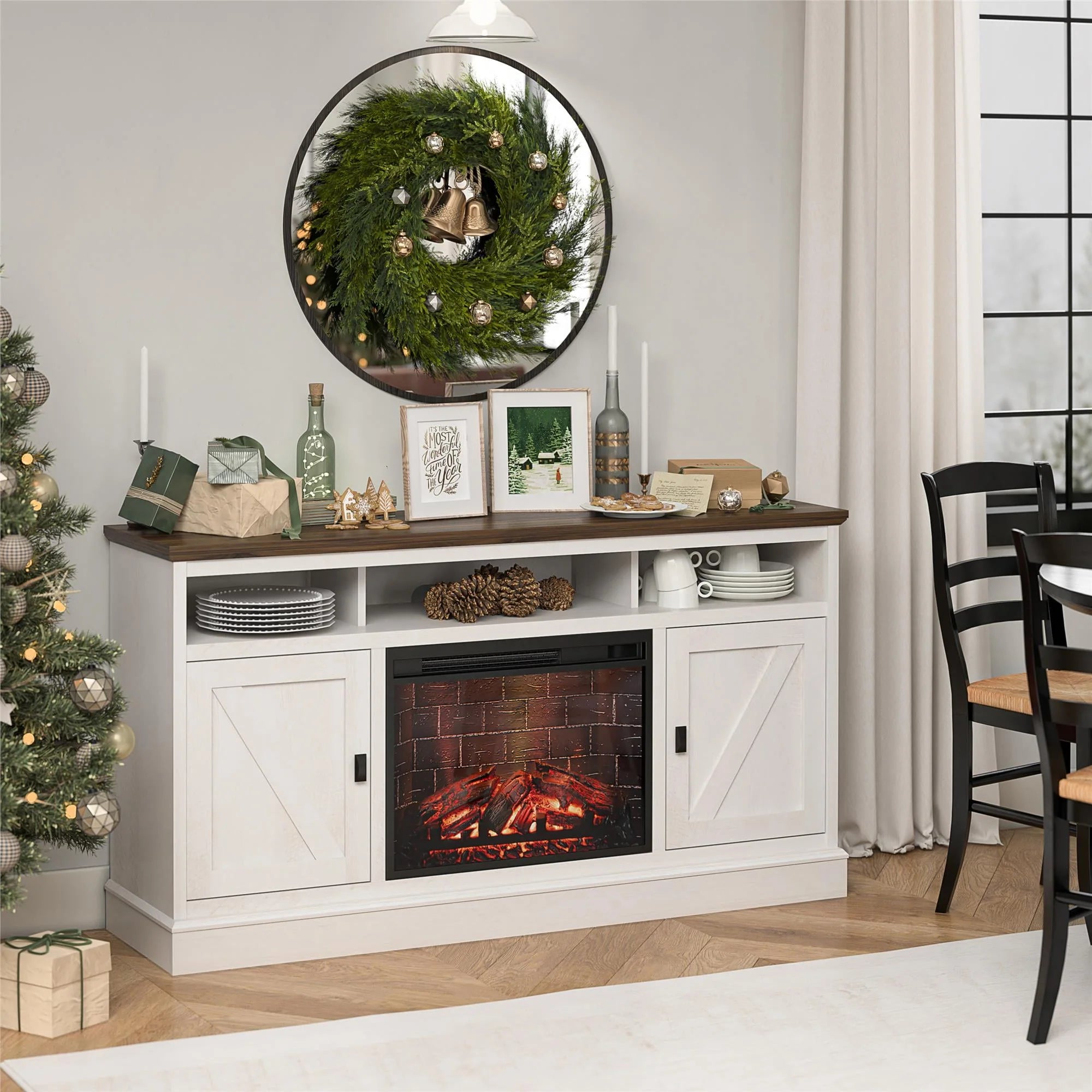 Ameriwood Home Ashton Lane Electric Fireplace TV Stand for TVs up to 65, Black Oak D206311