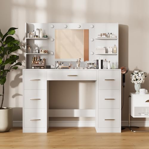 Furmax Vanity Desk with Mirror, LED Lights and Power Outlet, White O83814