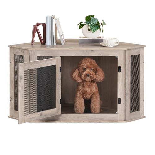 Corner Dog Crate Furniture Wooden Kennel End Table for Small Medium Dogs Greige and Black V3428