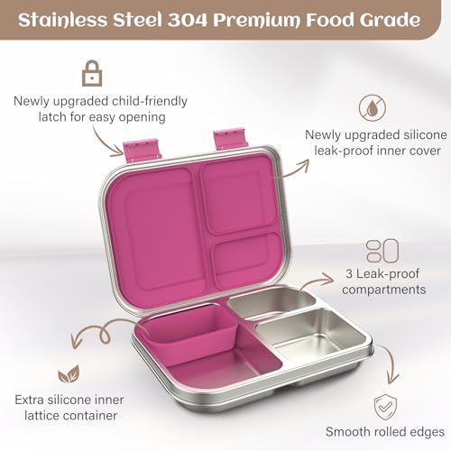Stainless Steel Bento Box for Kids, 3 Compartments, Leak Proof, Dishwasher Safe, Pink A5921