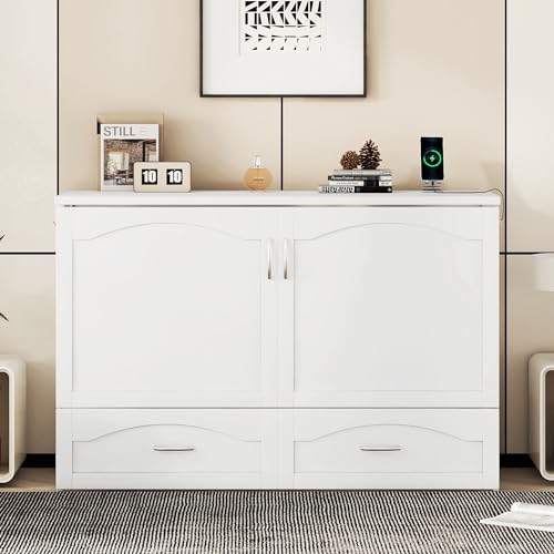 Queen Size Murphy Wall Bed with Storage and Bookcase Headboard, Solid Wood, White F901