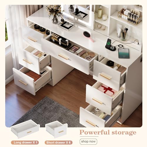 Large Vanity Desk with Mirror and Lights, 7 Drawers, White T162772