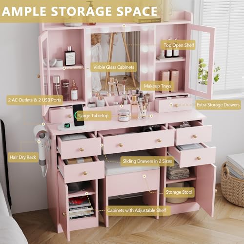 White Makeup Vanity Desk with Mirror, Lights, Storage Drawers & Chair D627