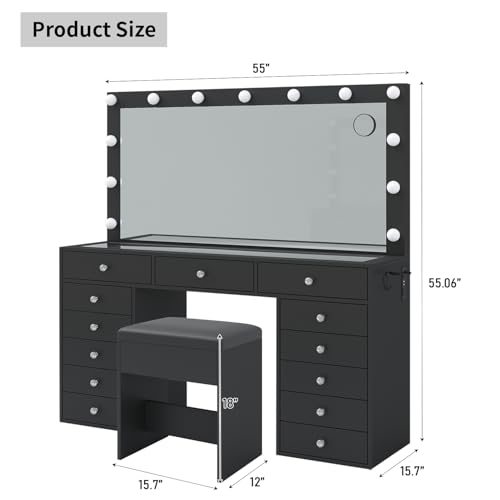 55" Vanity Desk with Charging Station and Lighted Mirror, Black Z765