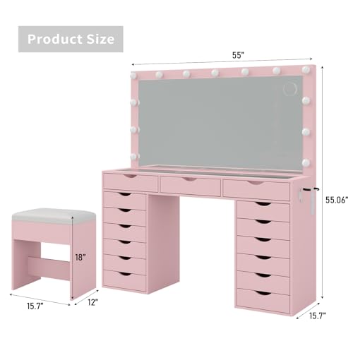 White Vanity Desk with Mirror, Lights, Charging Station and Chair C61521