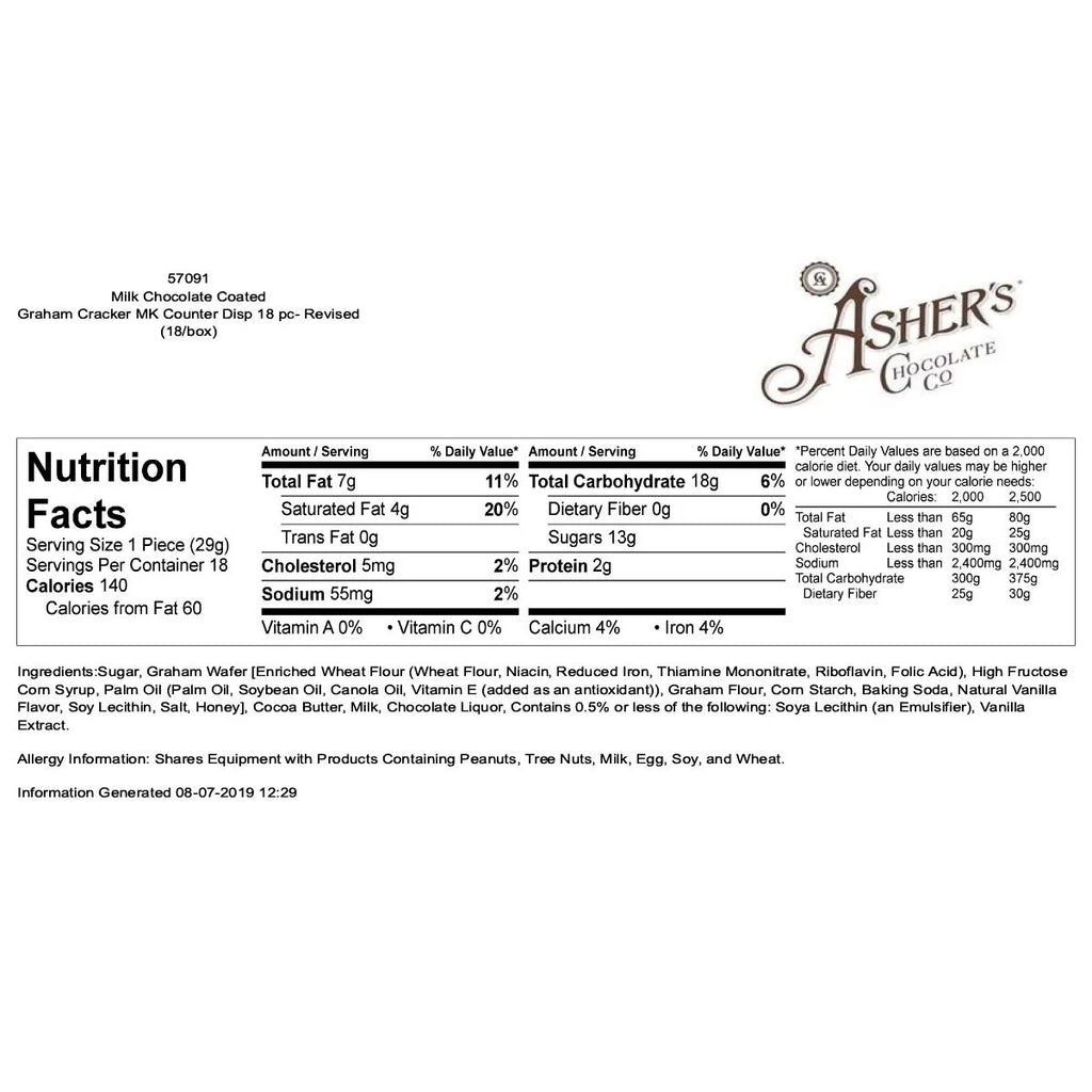 Asher's Chocolate Covered Graham Crackers, Milk Chocolate, 18 Count B1037