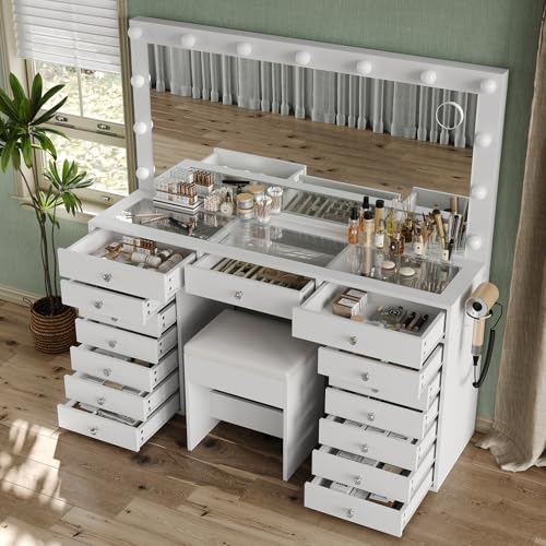 55" Vanity Desk with Charging Station and Lighted Mirror, Black Z765