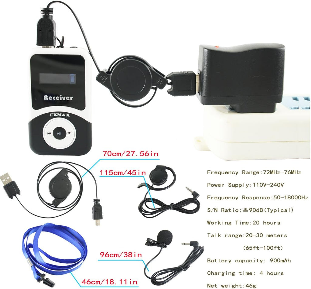 EXMAX EX-100 Wireless Tour Guide System for Church Translation, Teaching, and Conference (1 Transmitter, 10 Receivers) C256540