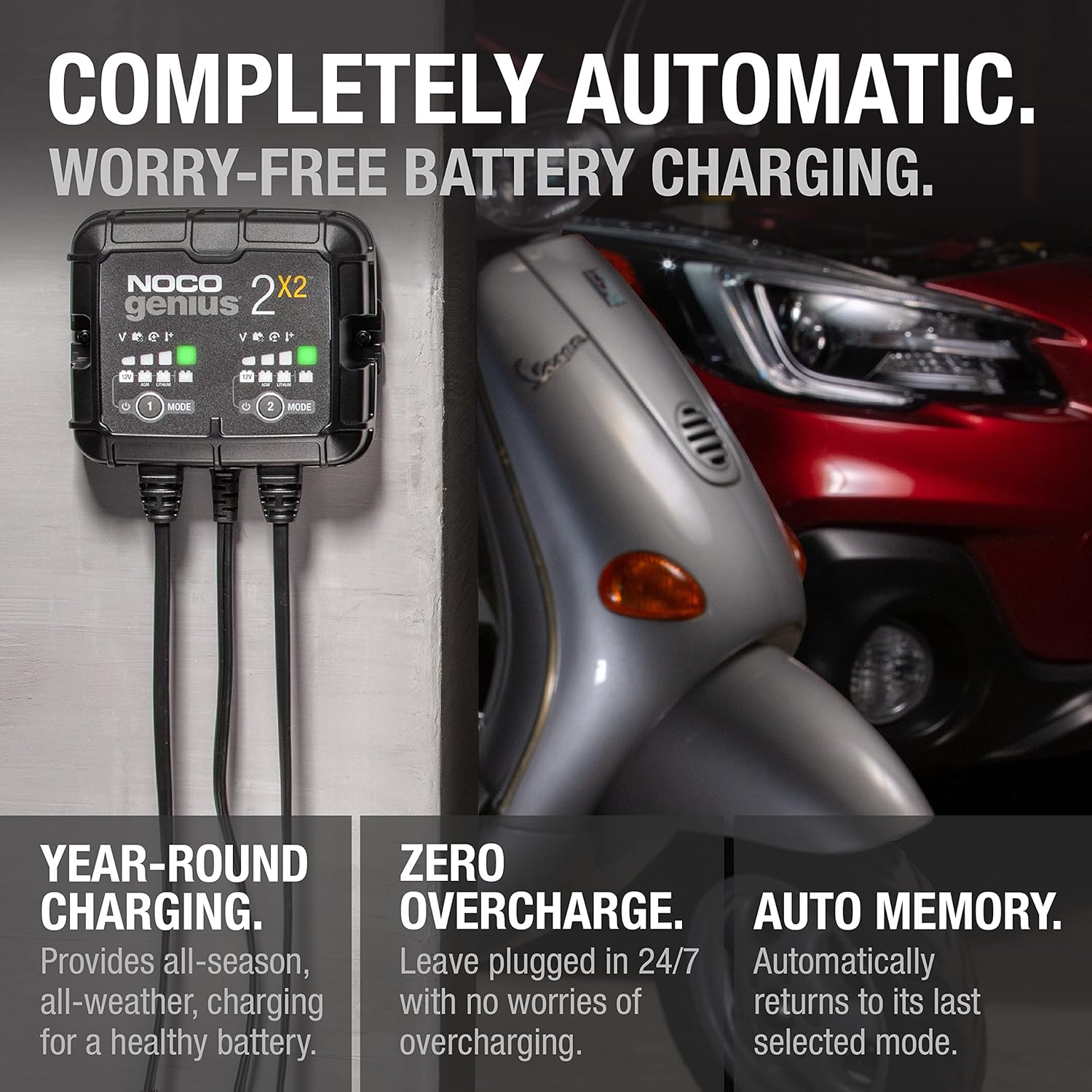 NOCO GENIUS2X2 2-Bank 4-Amp Smart Charger, 6V and 12V Battery Maintainer V34581
