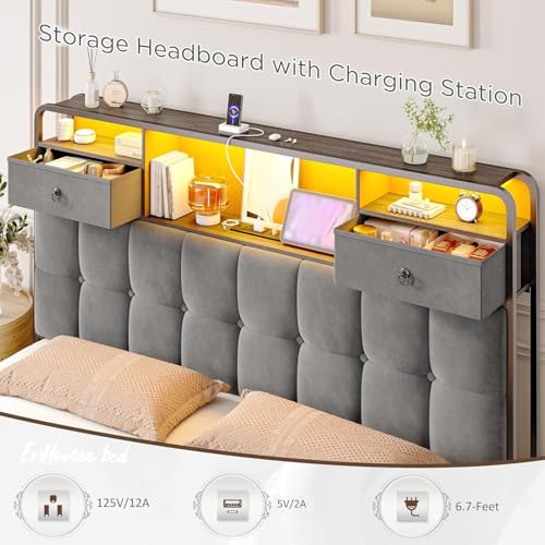 EnHomee King Size Bed Frame with 4 Drawers, Headboard, Charging Station and LED Lights, Grey I310