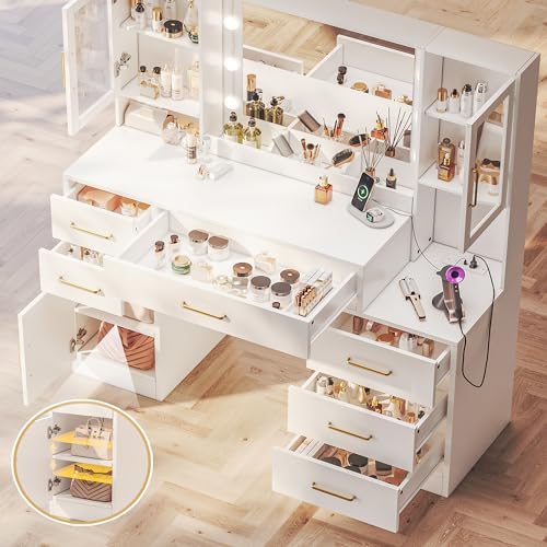 White Makeup Vanity Desk with Charging Station and Lights K58637