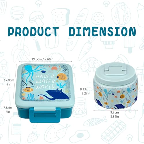 Bento Lunch Box for Kids with 5 Compartments and Thermos, Blue Dinosaur G749