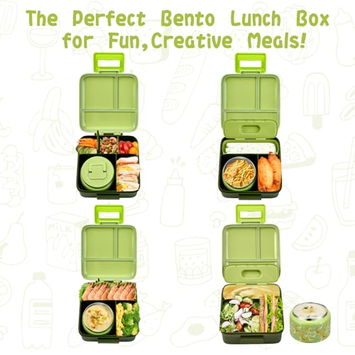 Bento Lunch Box for Kids with 5 Compartments and Thermos, Blue Dinosaur G749