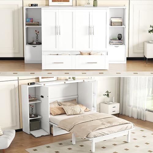 Queen Size Murphy Wall Bed with Storage and Bookcase Headboard, Solid Wood, White F901