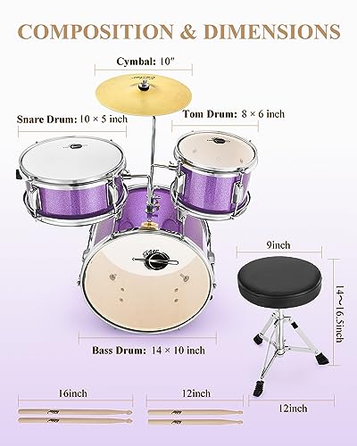 Eastar 3-Piece Kids Drum Kit for Beginners, 14 Inch, Metallic Sky Blue Y27429