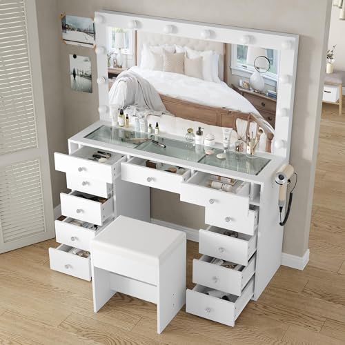 Vanity Desk with Power Outlet, LED Mirror, 11 Drawers and Chair, White H391193