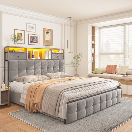 EnHomee King Size Bed Frame with 4 Drawers, Headboard, Charging Station and LED Lights, Grey I310