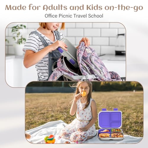 Stainless Steel Bento Box for Kids, 3 Compartments, Leak Proof, Dishwasher Safe, Pink A5921