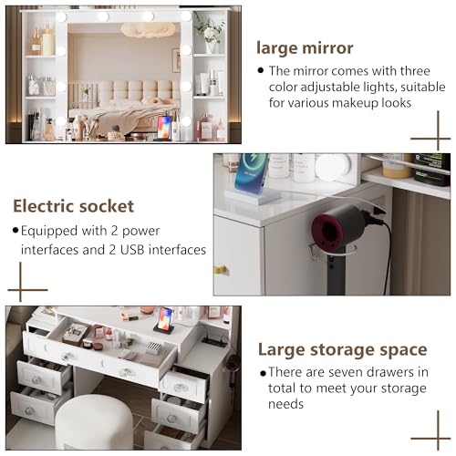 Farmhouse Makeup Vanity with Lighted Mirror & Charging Station, White E195