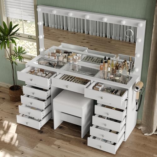 55" Vanity Desk with Charging Station and Lighted Mirror, Black Z765