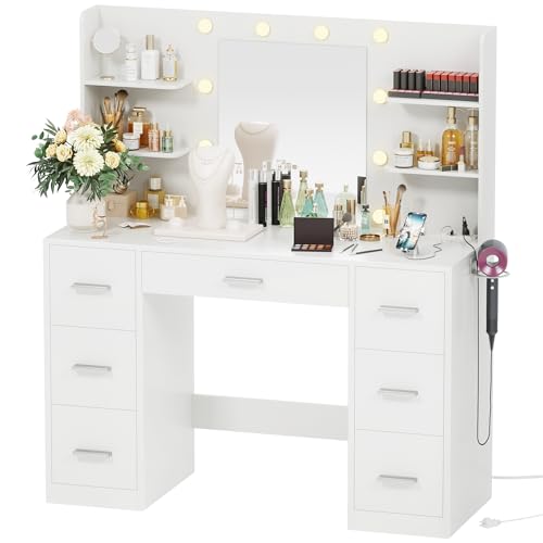 VICTONE Vanity Desk with LED Mirror and Power Outlet, White R87811