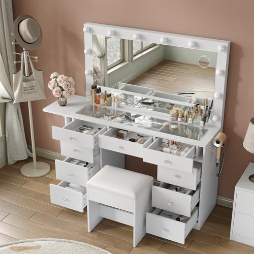 55" Vanity Desk with Charging Station and Lighted Mirror, Black Z765