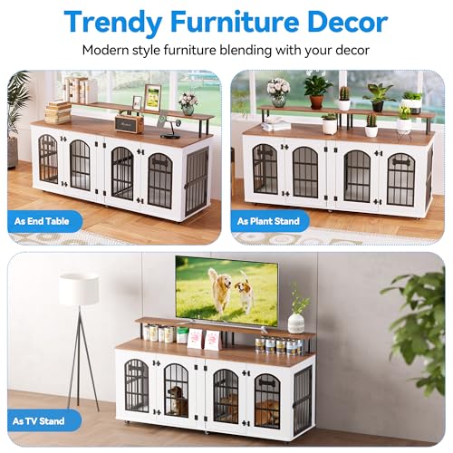 Double Dog Crate Furniture for 2 Dogs, 63" Wooden Kennel with Divider and Wheels D6553