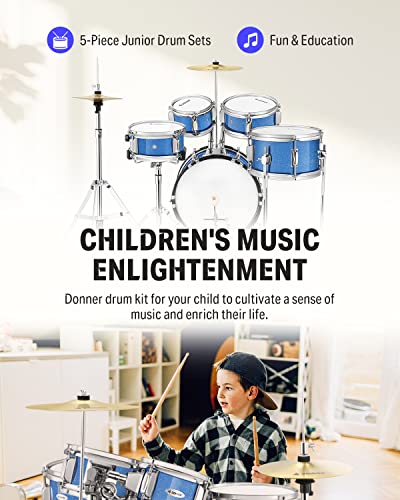 Donner 5-Piece Kid Drum Set for Beginners, 14 Inch Full Size, Metallic Black H8038