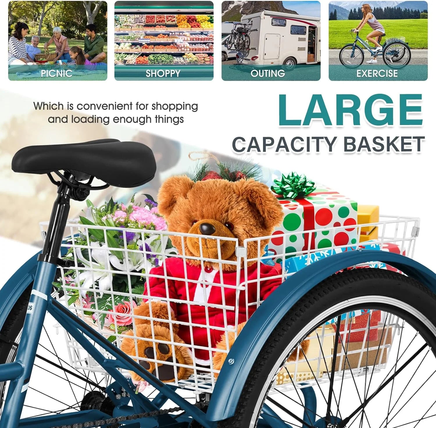 Slsy Mountain Tricycle for Adults, 7 Speed Three Wheel Bike with Cargo Basket I576