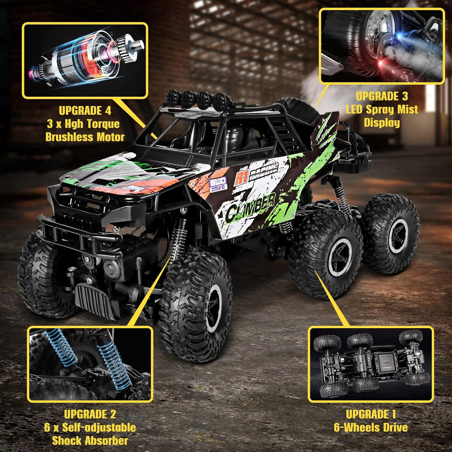 1/10 Scale RC Monster Truck 2.4Ghz 6x6 Off-Road with LED Mist Spray, Pack of 2 F670247