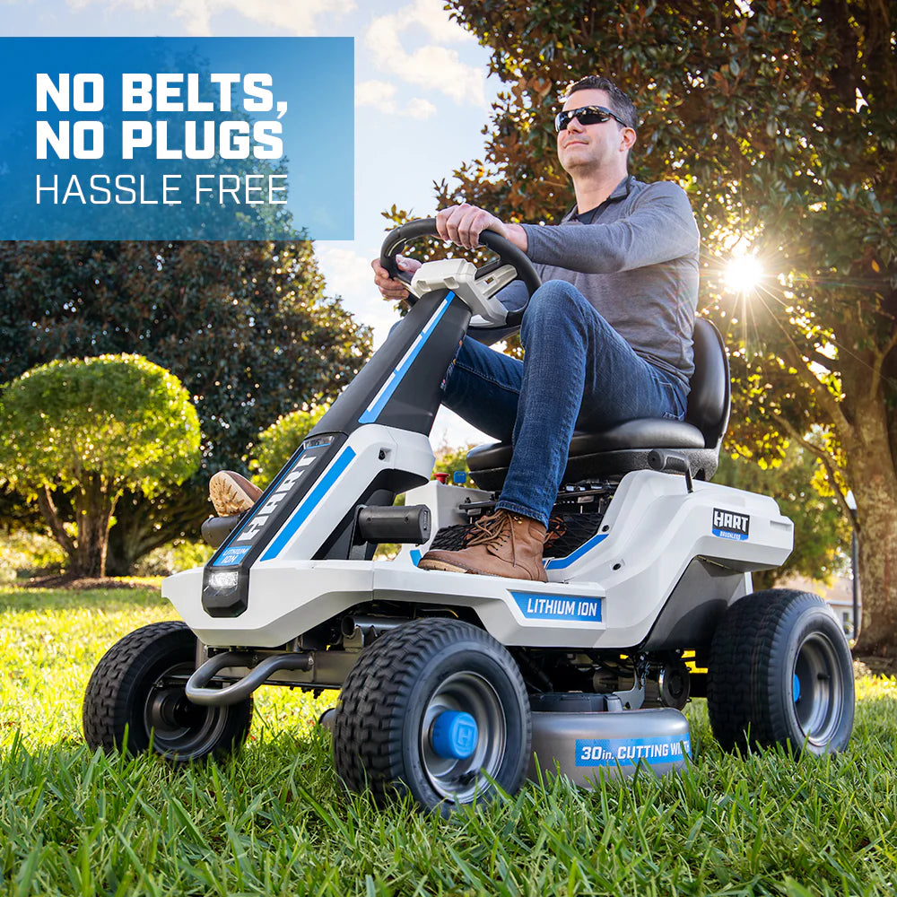 HART 80-Volt 30-inch Lithium-Ion Riding Lawn Mower Kit with Super Charger D621388