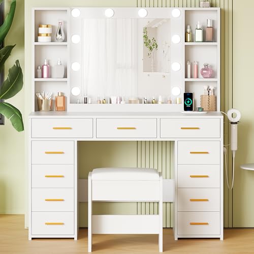 ANWBROAD White Vanity Desk with Mirror and Lights, Power Outlet, 11 Drawers, Stool G15827