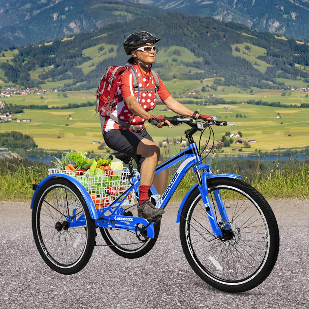 Slsy Mountain Tricycle for Adults, 7 Speed Three Wheel Bike with Cargo Basket I576